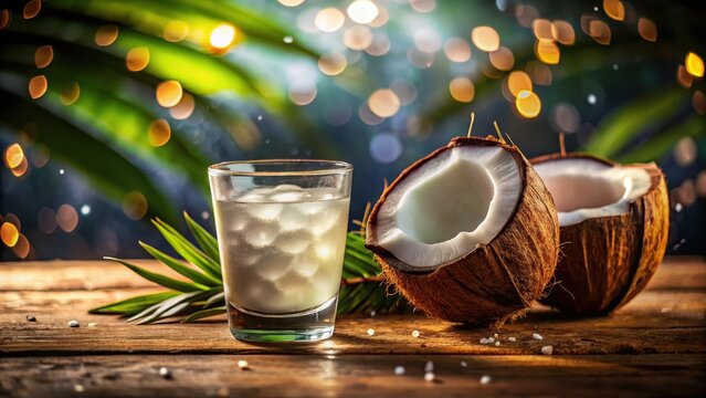 A realistic photo of Refreshing drink in a glass beside coconut shell