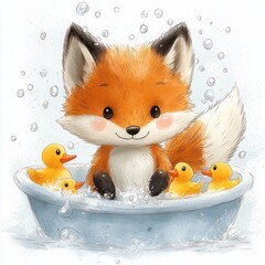 Naklejka premium smiling fox cub with rosy cheeks sitting in a blue basin, splashing bubbly water with yellow rubber duck toys, fluffy tail and playful joyful expression