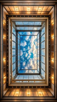 A realistic photo of Square ceiling window Looking up to the sky