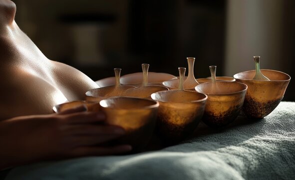 warm bronze singing bowls placed along a relaxed bare back on a spa table, soft golden light and gentle hands conveying calm and restorative relaxation