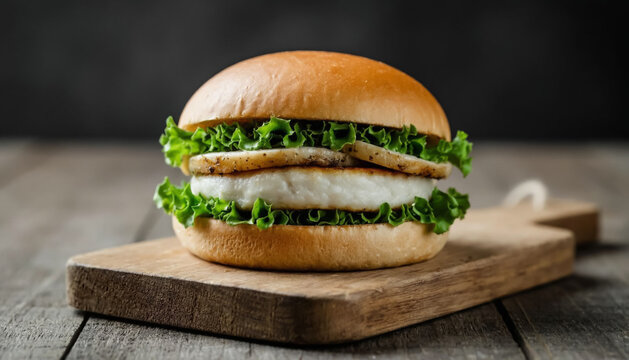 Crispy Fish Burger with Lettuce and Sauce, Fast Food Meal