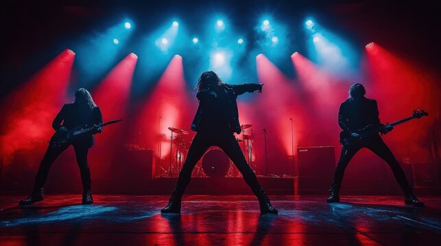 three-member rock band silhouettes on stage with drum kit amid red and blue lights and smoke, lead singer striking a powerful pose in a dramatic energetic concert