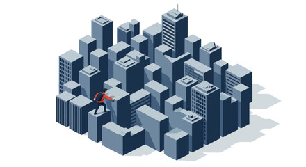 Fototapeta premium Businessman runs through city skyscrapers landscape