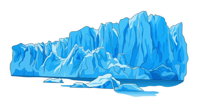 An illustration of a large blue iceberg floating in icy waters with a white background.