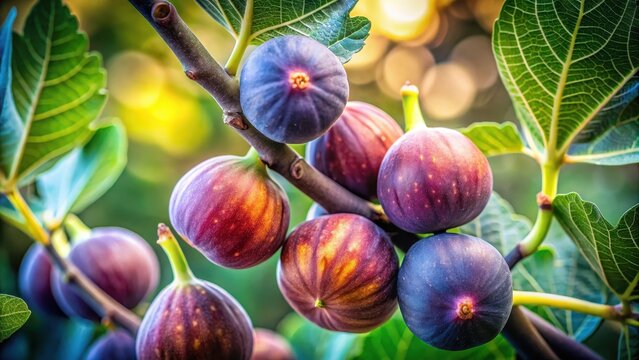 A realistic photo of ripe figs on the tree