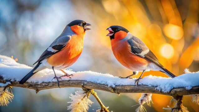 A realistic photo of A pair of bullfinches quarrel on a tree branch in a winter forest