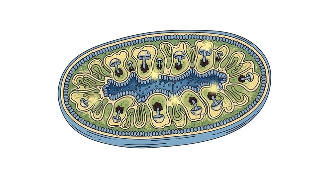 A detailed, stylized illustration of a mitochondrion, a powerhouse organelle within a eukaryotic cell, depicted with its characteristic inner folds
