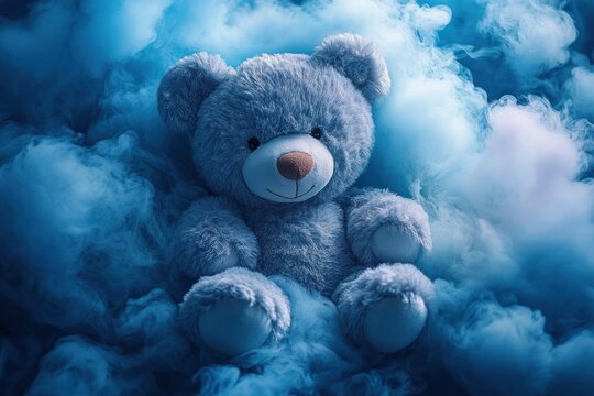 soft blue teddy bear nestled in swirling blue smoke and clouds, cozy and dreamy expression