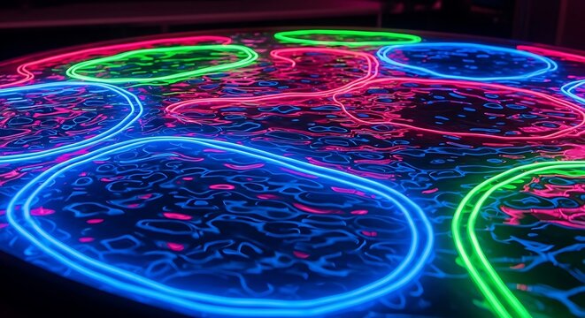 Neon lights on a dance floor.
