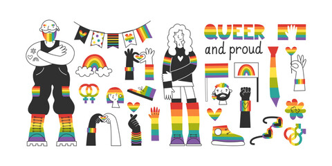 Fototapeta premium Lgbt elements set. Diverse queer characters, hands and symbols in rainbow flag colors. Hearts, flags, lettering, hand gestures, clipart for pride and awareness materials.
