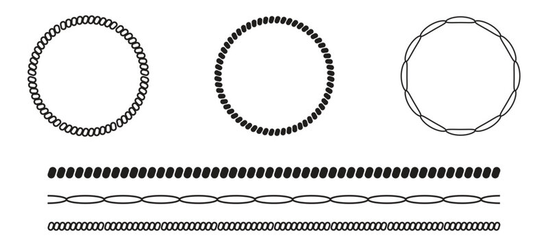 Round rope curve symbol collection.
Pattern rope brush. Hexazon, square, oval and heart shape in sea sailor theme, nautical rope collection, flat vector illustration.Vintage nautical braided cord.