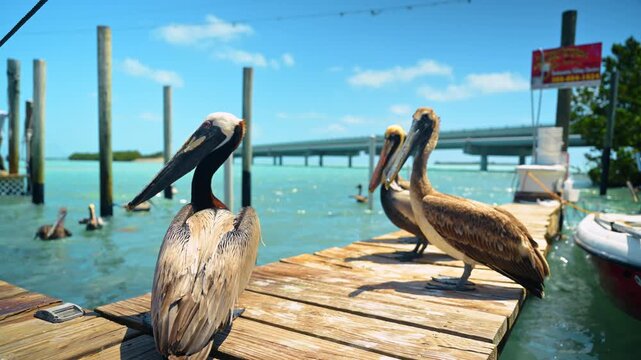Three large long-beaked brown pelicans sit on the wooden pier. Other birds float on the water in the backdrop. Wildlife of Key West, Florida, USA.