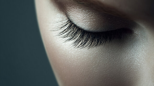 Female eye with long false eyelashes and detailed shimmering eyeshadow creating a cosmetic beauty look