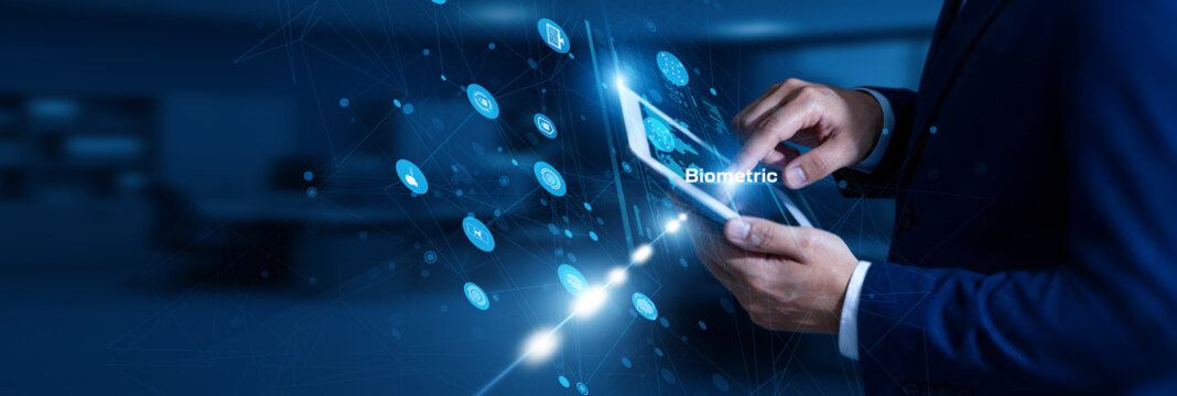 Security Engineer touching biometric systems using tablet secure network, fingerprint, facial recognition, identity verification, authentication.