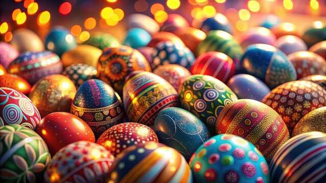 A realistic photo of A large pile of colorful Easter eggs with various patterns and designs