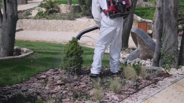 Worker in protective suit spraying garden with pesticide using backpack fogger, outdoor pest control treatment in residential yard