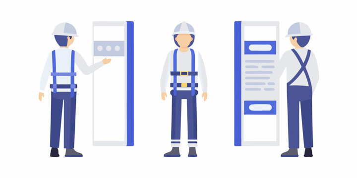 Construction workers using metal detector security checkpoint flat vector illustration