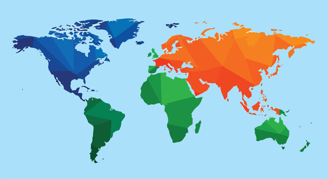 A colorful world map with polygonal continents on a light blue background