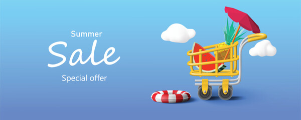 Summer sale banner with 3d shopping cart vector illustration © Sai