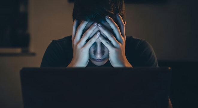 Overwhelmed by Digital Pressure Young Person Experiencing Intense Stress and Burnout, Hiding Face While Working on a Laptop Late at Night