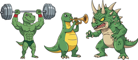 Funny Dinosaur Character Vector Set Featuring Bodybuilder T-Rex Lifting Weights Musical Lizard Playing Trumpet and Angry Spiky Green Monster for Kids Branding © Md Munna 