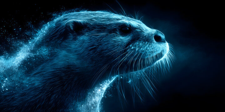 Close-up of an otter formed by blue cool light particles