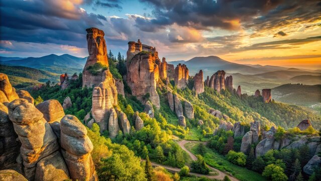 A photo of towering Belogradchik Rocks in Bulgaria, a natural landscape with rugged terrain and dramatic cliffs, featuring sharp edges and intricate r