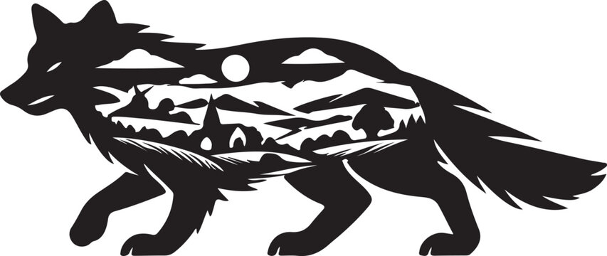 Black silhouette of a wolf with mountain landscape inside Vector