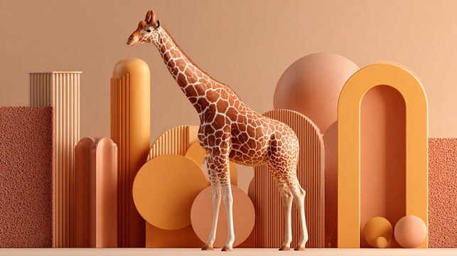 Giraffe standing among geometric shapes in a minimalist studio setting Surreal wildlife composition with abstract architectural forms, soft warm lighting, and monochromatic orange tones Concept of des