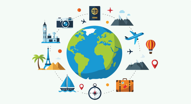A colorful illustration of a globe surrounded by travel-related icons