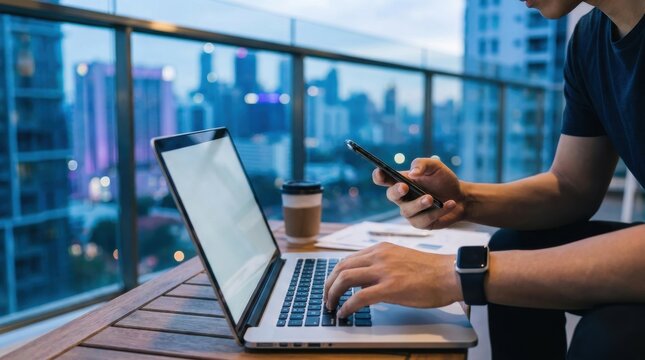 Remote Collaboration: Freelancer chatting with team in coworking outdoor space
