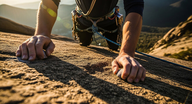 Close up of rock climber hands gripping rough stone edge during outdoor mountain ascent at sunrise