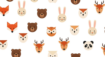 Fototapeta premium Various animals heads faces scattered on plain surface including fox rabbit bear