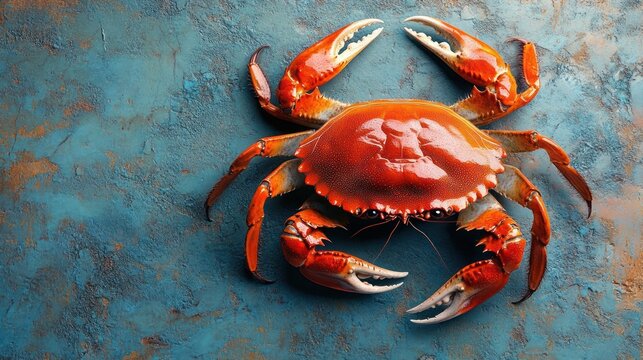 bright red crab with spread claws on a textured teal blue surface, vibrant appetizing rustic mood