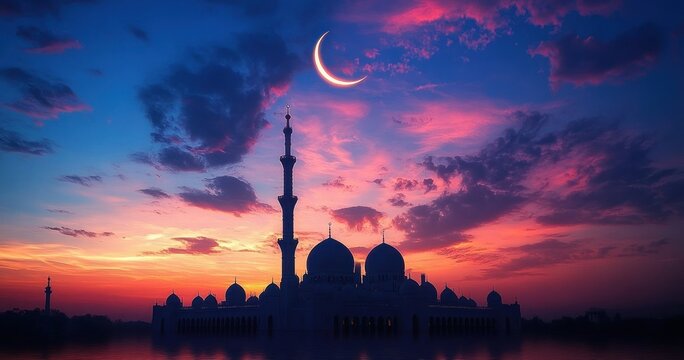 silhouette of a domed mosque with tall minarets under a glowing crescent moon at colorful sunset, serene and awe-inspiring reflection on calm water