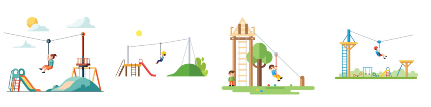 A flat vector illustration set of a zip line playground for children, minimal composition, smooth colors, no outline, white background