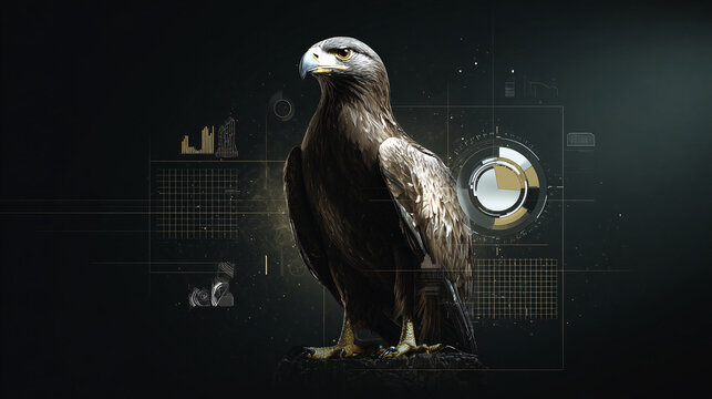 Majestic eagle standing with digital data interface overlay, representing business strategy and vision Conceptual bird of prey with futuristic HUD graphics, symbolizing intelligence, power, and leader