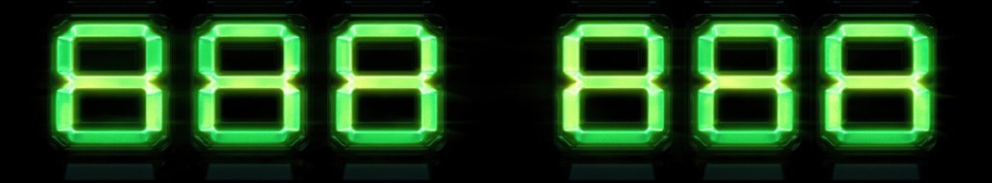 row of glowing green seven-segment digital eights in glossy housings with neon reflections conveying a futuristic high-tech mood