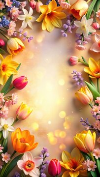 A photo of a floral frame adorned with daffodils, tulips, and hyacinths in shades of yellow, orange, pink, purple, and blue, surrounded by cherry blos