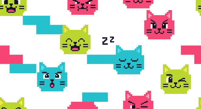 Vibrant cartoon cats sleep and play with colorful blocks around them indoors.