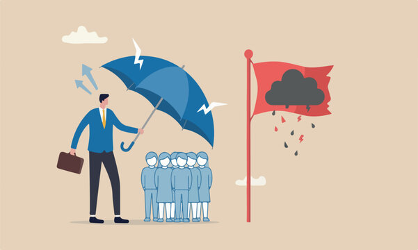 Good protectio career development concept, kindness businessman offer big umbrella to cover employee from bad weather