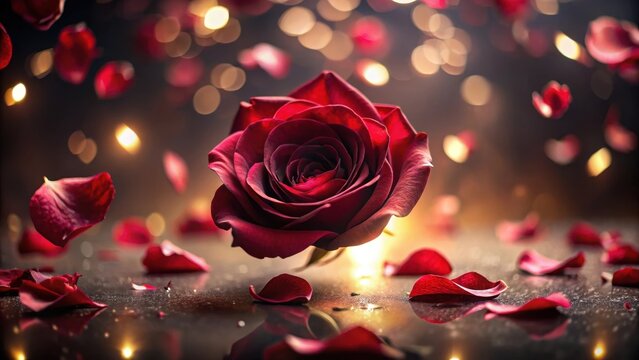 A photo of petals of a dark red rose flying far into the distance in a windless day