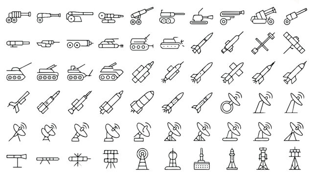set of military weapons and defense system icons