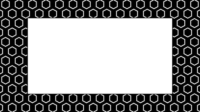 Animated Seamless Pattern Of White Hexagon Symbols Scrolling Right On A Black Background With White Text Area In Center, Seamless Loop, 4K Horizontal Video