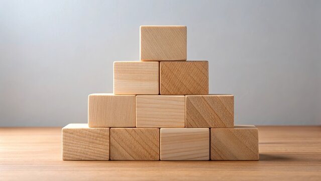 A photo of simple wooden blocks arranged in a pyramid shape on a neutral background The pyramid is composed of five layers, with each layer having on