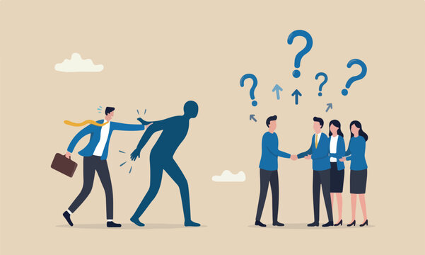 Courage, pushing together self, determination or aspiration to overcome challenge concept, fearful businessman being push by his shadow self to success