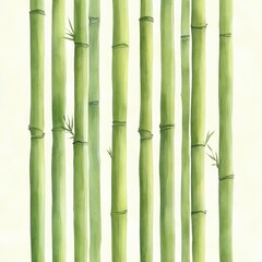 Fototapeta premium vertical green bamboo stalks with sparse leaves on pale background, serene calm watercolor pattern