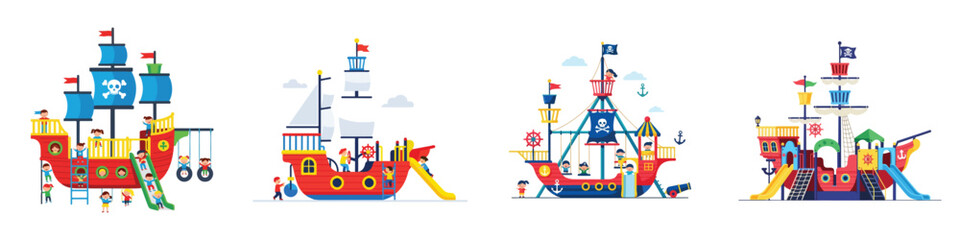 Obraz premium A flat vector illustration of a pirate ship playground ride, fun and colorful, minimal vector style, no outline