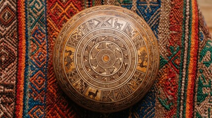 Obraz premium Intricate Carved Wooden Bowl on Colorful Woven Textile.
