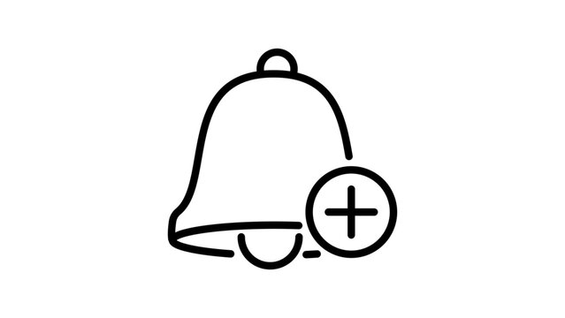 Restock Alert Notification Bell with Plus Sign Icon, Minimalist Black Line Vector Illustration on White Background, Editable Stroke for Customizable Line Weight, Alert and Reminder Symbol Design.